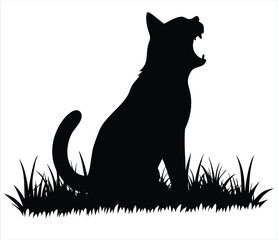Black silhouette of a cat sitting in grass with its mouth wide open, appearing to yawn or meow, isolated on white background