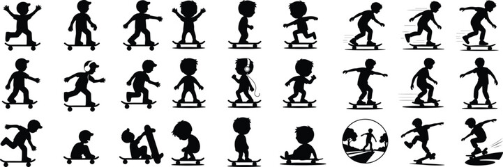 Skateboarding Kid Vector Icons – Dynamic Silhouette Set Boy on Skateboard Silhouette Set – Cool Skater Icon Collection