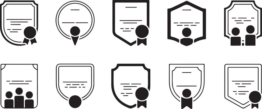 Certificate and Badge Icon Set – Outline and Solid Style Award Icons for Achievement, Honor, and Certification