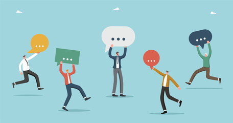 Teamwork to solve work problems, expressing one's own opinion for the benefit of the company, business communication and interaction between departments, a team of workers with speech bubbles.