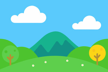 Obraz premium A Sweet And Cute Flat Landscape For Children With Smooth Hills And A Smiling Sun