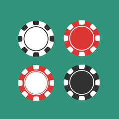 Poker chips set in red black and white colors on green background vector illustration for casino game design