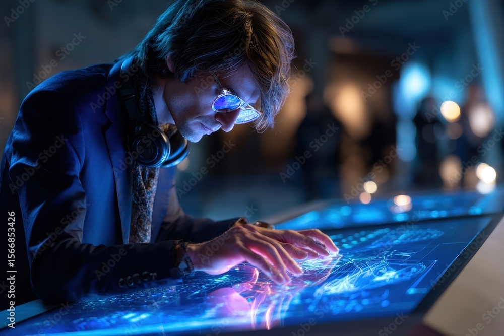 Poster person interacting with a holographic display at a tech exhibition in an urban setting during evenin