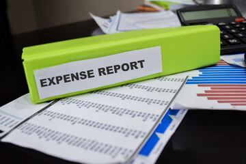 Folders with the label Expense report. Business management concept