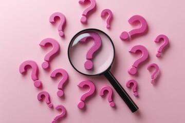 Exploring Uncertainty A Magnifying Glass Over Pink Question Marks on a Vibrant Backdrop 