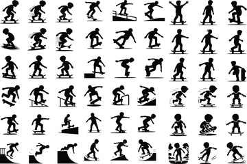 Skateboarding Kid Vector Icons – Dynamic Silhouette Set Boy on Skateboard Silhouette Set – Cool Skater Icon Collection