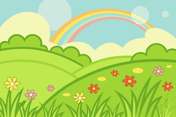 Fototapeta premium A Fun And Colorful Cartoon Landscape With A Field Of Flowers And A Winding Path