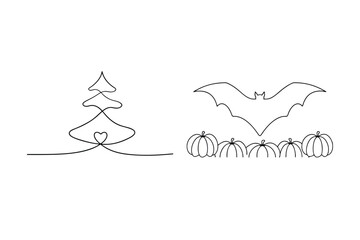 Continuous line drawing of tree bat and pumpkins heart