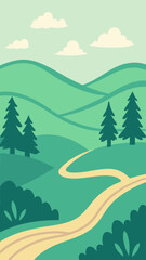 Fototapeta premium A Clean Flat Design Landscape With A Winding Dirt Road Through Bright Green Hills