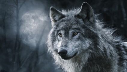 Majestic Wolf Portrait Under Moonlight Wildlife Beauty in a Forest Ambience