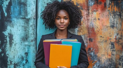 confident young african american woman holding colorful notebooks against vibrant graffiti background