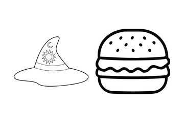 Witch hat and hamburger icons moon food
