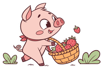 Vector cute Pig cartoon character, holding a basket of fruit, healthy and fresh expression, natural light, organic textures, isolated on white background
