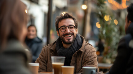 Fototapeta premium a man laughing with friends over coffee at an outdoor cafe