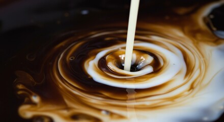 Cappuccino coffee splashing into a cup with dynamic motion and foam texture. High-speed capture of coffee spill, perfect for cafe and caffeine concept visuals.