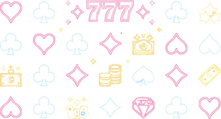 Neon gambling symbols including card suits, dice, coins, money, and lucky sevens on a dark background