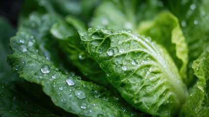 Close-up of fresh, dewy lettuce leaves