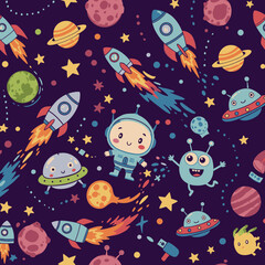 A whimsical seamless pattern featuring cute cartoon rockets, colorful planets, friendly aliens, and a happy astronaut exploring the vastness of outer space.