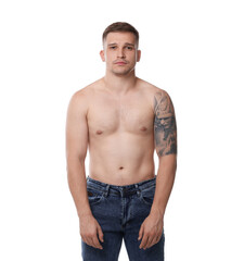 Man with bad posture on white background