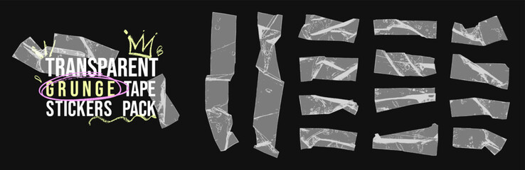 Transparent torn tape sticker set with dirty grunge texture. Notebook collage retro pop art style. School punk vector design elements for zine title layout.