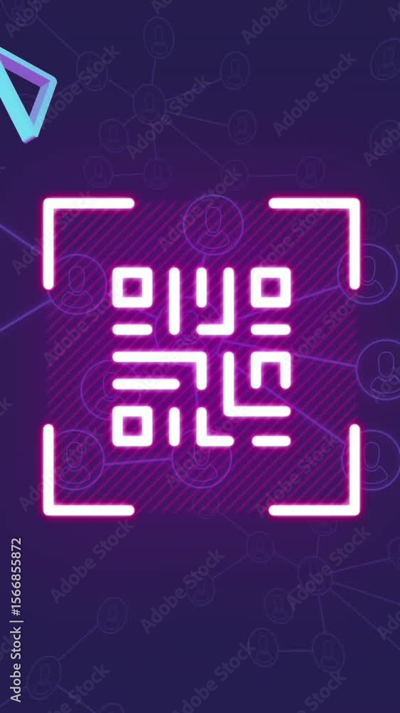 Poster animation of glowing pink qr code and 3d shapes over network on black background