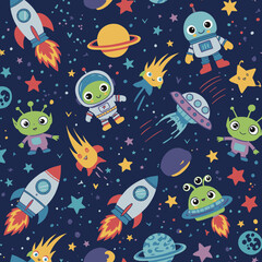 Adorable cartoon rockets, planets, aliens, and astronauts create a whimsical space-themed seamless pattern, perfect for kids' textile designs and vibrant backgrounds.