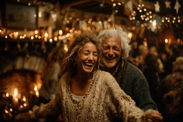 Fototapeta premium Elderly man and young woman dancing joyfully by a warm fireplace 