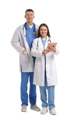 Medical students with tablet on white background