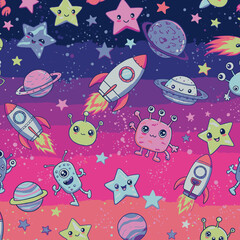 Whimsical cartoon space pattern featuring cute aliens, rockets, planets, and smiling stars against a vibrant gradient galaxy backdrop.