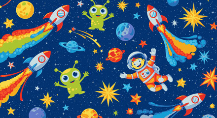 A vibrant illustration showcases a whimsical space scene filled with rockets, friendly aliens, an astronaut, planets, and stars against a dark blue background, perfect for children's designs.