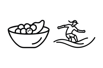 Bowl of fruit and surfer riding wave berries surfing