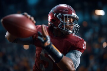 Quarterback prepares to throw the ball during an intense football game in a packed stadium at night