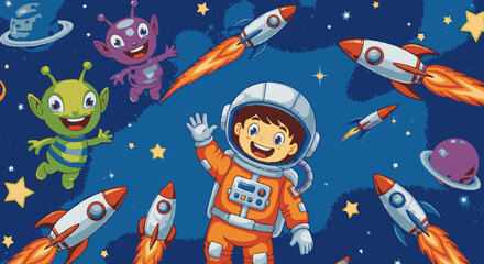 A cheerful astronaut waves to friendly aliens amidst rockets and stars in outer space, creating a vibrant and playful cosmic scene perfect for children's products or space-themed designs.