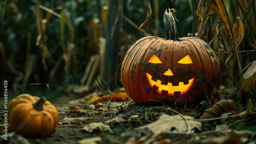 Poster A jack-o-lantern sits in a rural setting, surrounded by tall grass and open space