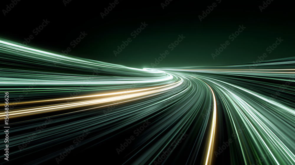 Poster dynamic emerald green light trails create futuristic speed curve, evoking sense of motion and energy