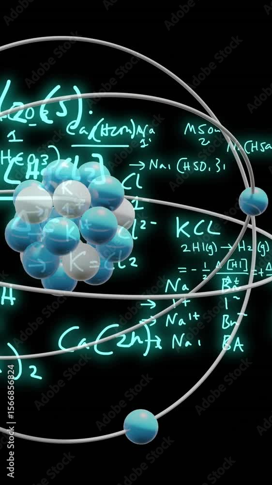 Poster animation of atom model spinning and data processing on black background