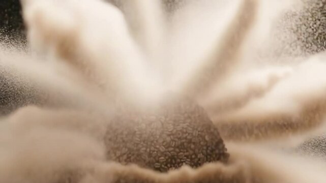This video features coffee beans in motion with rich textures and floating particles in the air