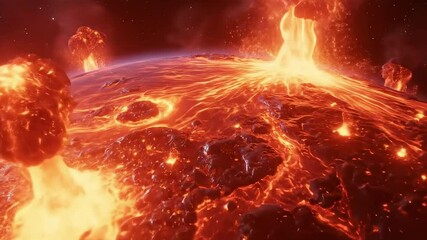 A dramatic view of a volcanic eruption on a distant planet, showcasing fiery lava bursts and molten rock, set against a backdrop of cosmic space and swirling clouds of gas - Powered by Adobe
