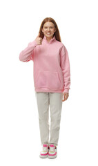 Teenage girl showing thumbs up on white background