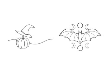 Witch hat pumpkin and bat with moons halloween