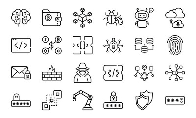 Cybersecurity and Technology Line Icons Bundle Featuring AI, Blockchain, Cryptocurrency, Coding, Hacking, Password Protection 