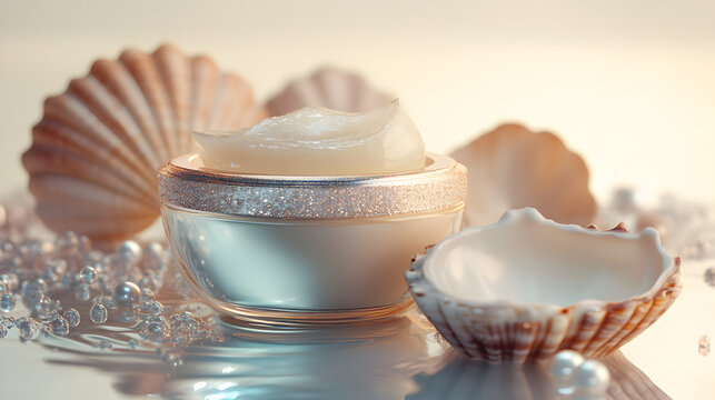 una pomada o balsamo natural de concha nacar o perlas para el cuidado facial productos de belleza femenina con con fondo elegante y conchas decorativas