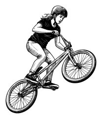 Naklejka premium Skilled Woman Performing Trick on BMX Bicycle Wearing Black TShirt and Helmet Black and White Outline Line Art Drawing