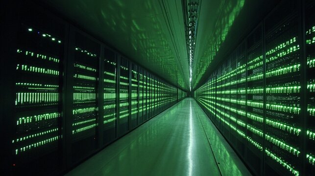 data center server room with green led lights and reflective ceiling