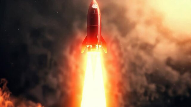 A red rocket blasts off from the launchpad and soars into the clear blue sky