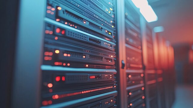 advanced data center servers with red and blue led indicators for it infrastructure and cloud computing