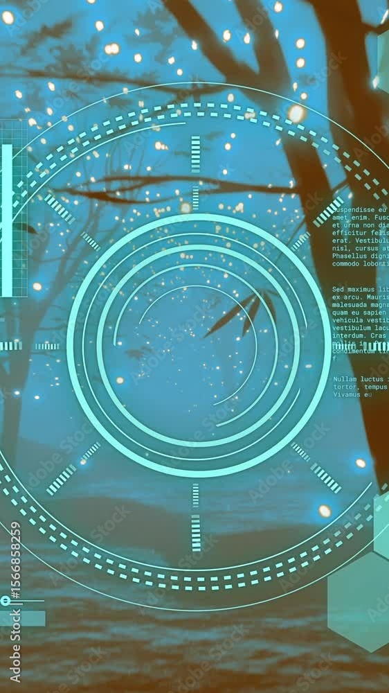 Poster Circular scanner and data processing over lights and tree lined path at night