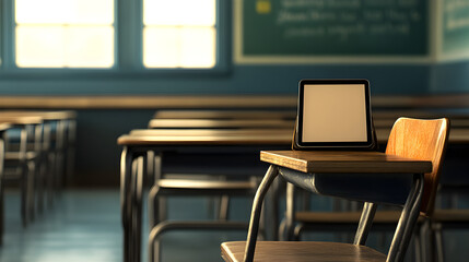 una tableta digital sobre una silla en un aula o salon escolar uso de tecnologia innovadora para la enseñanza 