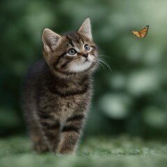 A playful kitten gazes at a fluttering butterfly in a serene garden setting