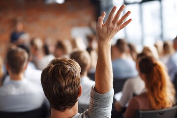 Engaged Audience Hand Raised During Presentation at a Seminar, Seeking Clarification or Participation in Discussion